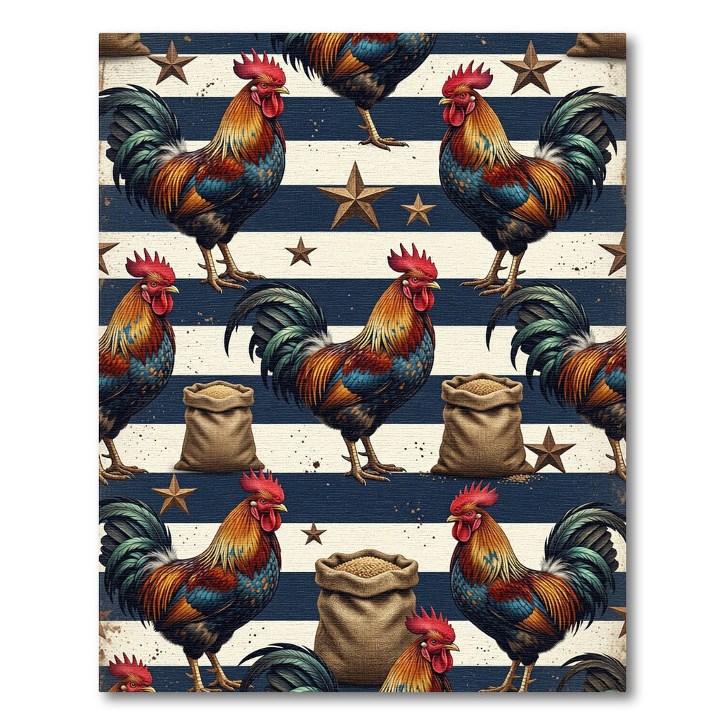 Rustic Americana Rooster Striped Star Artwork Rug