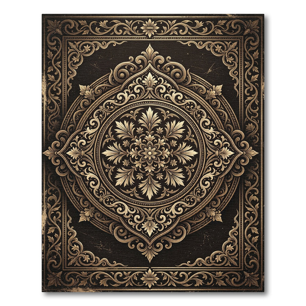 Ornate Gold Filigree Damask Medallion Rug