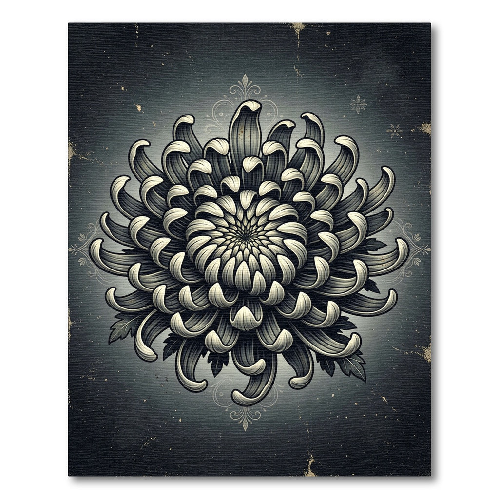 Monochromatic Dark Floral Chrysanthemum Illustration Rug