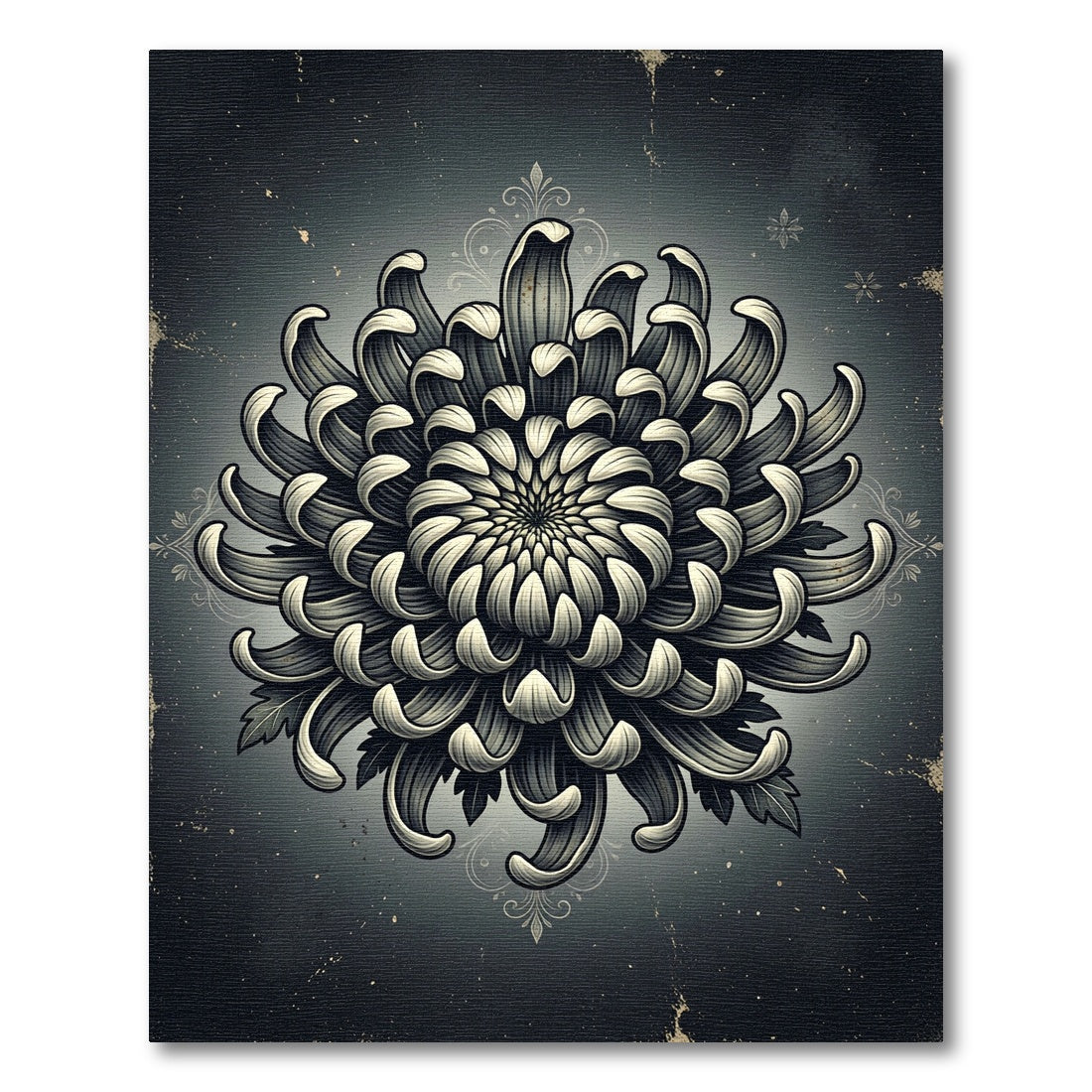 Monochromatic Dark Floral Chrysanthemum Illustration Rug