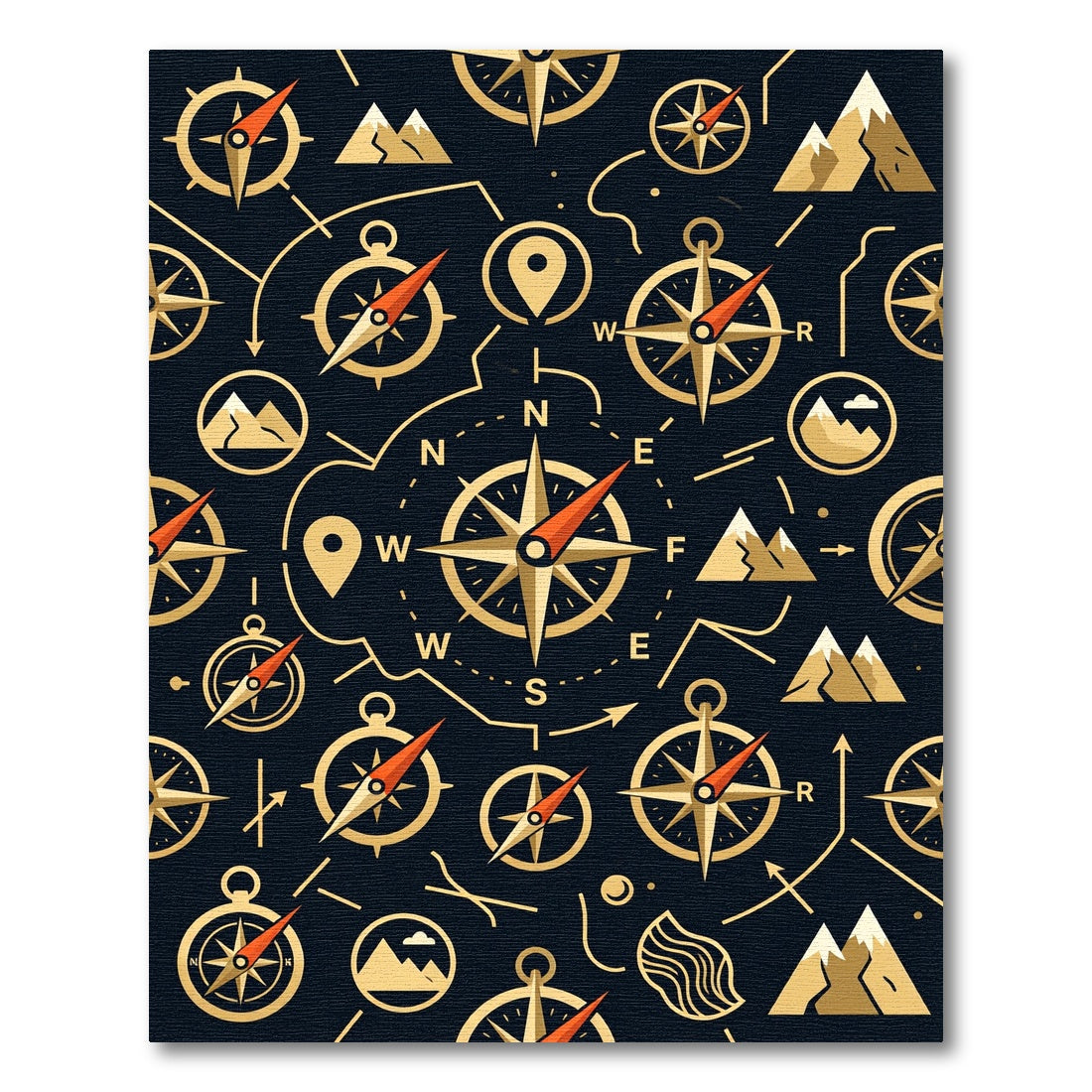 Golden Navigation Compass Mountains Night Rug
