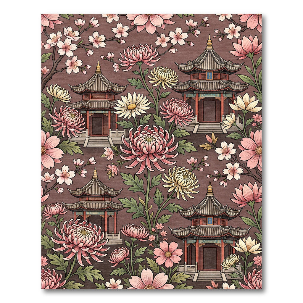 Chinoiserie Pagoda and Blossom Floral Tapestry Rug