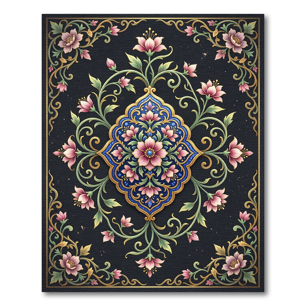 Dark Navy Floral Gold Medallion Art Rug
