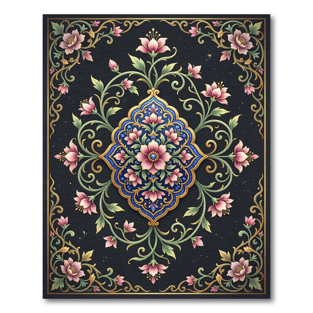 Dark Navy Floral Gold Medallion Art Rug