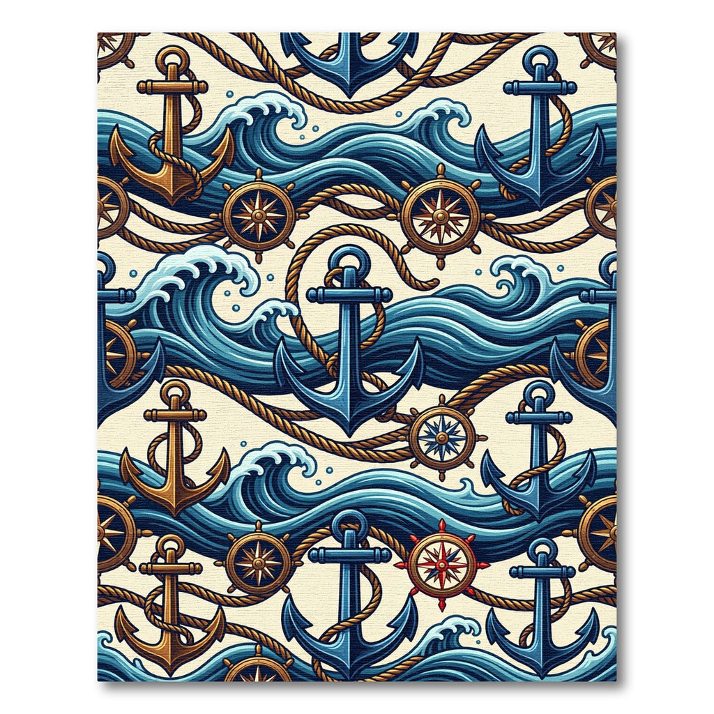 Nautical Blue Anchor Compass Wave Illustration Rug