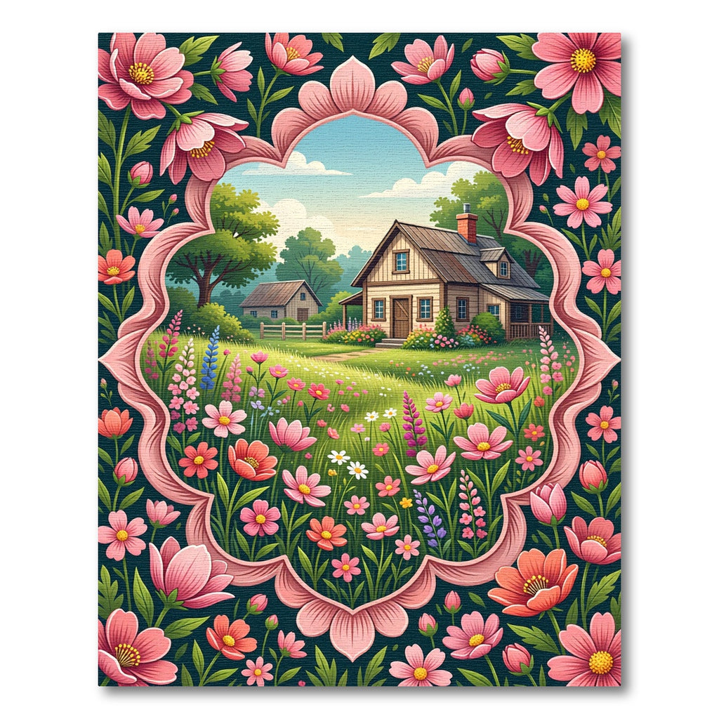 Whimsical Pink Floral Cottage Landscape Rug