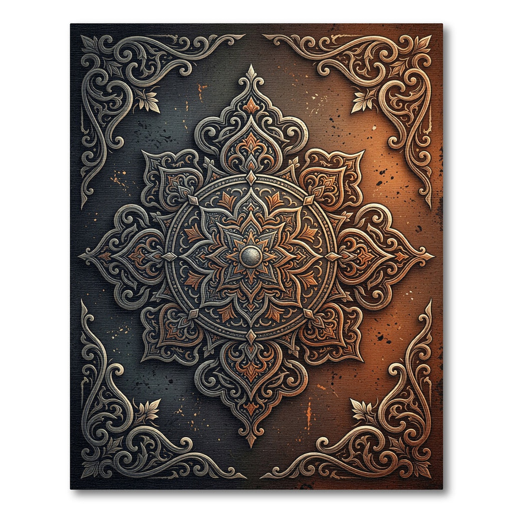Ornate Bronze Silver Filigree Mandala Rug