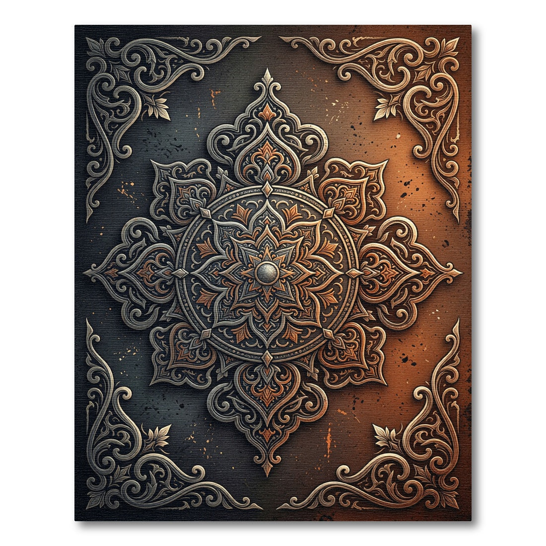 Ornate Bronze Silver Filigree Mandala Rug