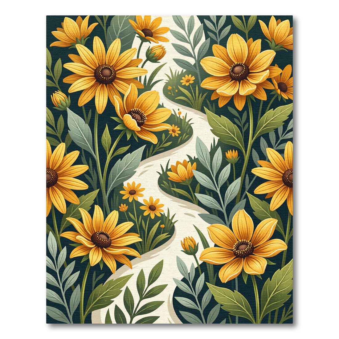 Golden Sunflower Path Botanical Illustration Rug