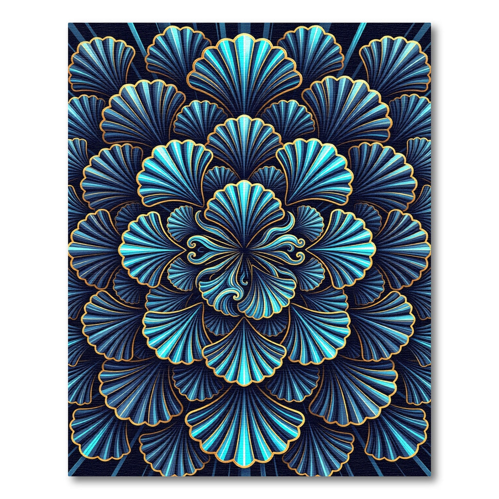 Deep Blue Gold Ginkgo Fan Rug