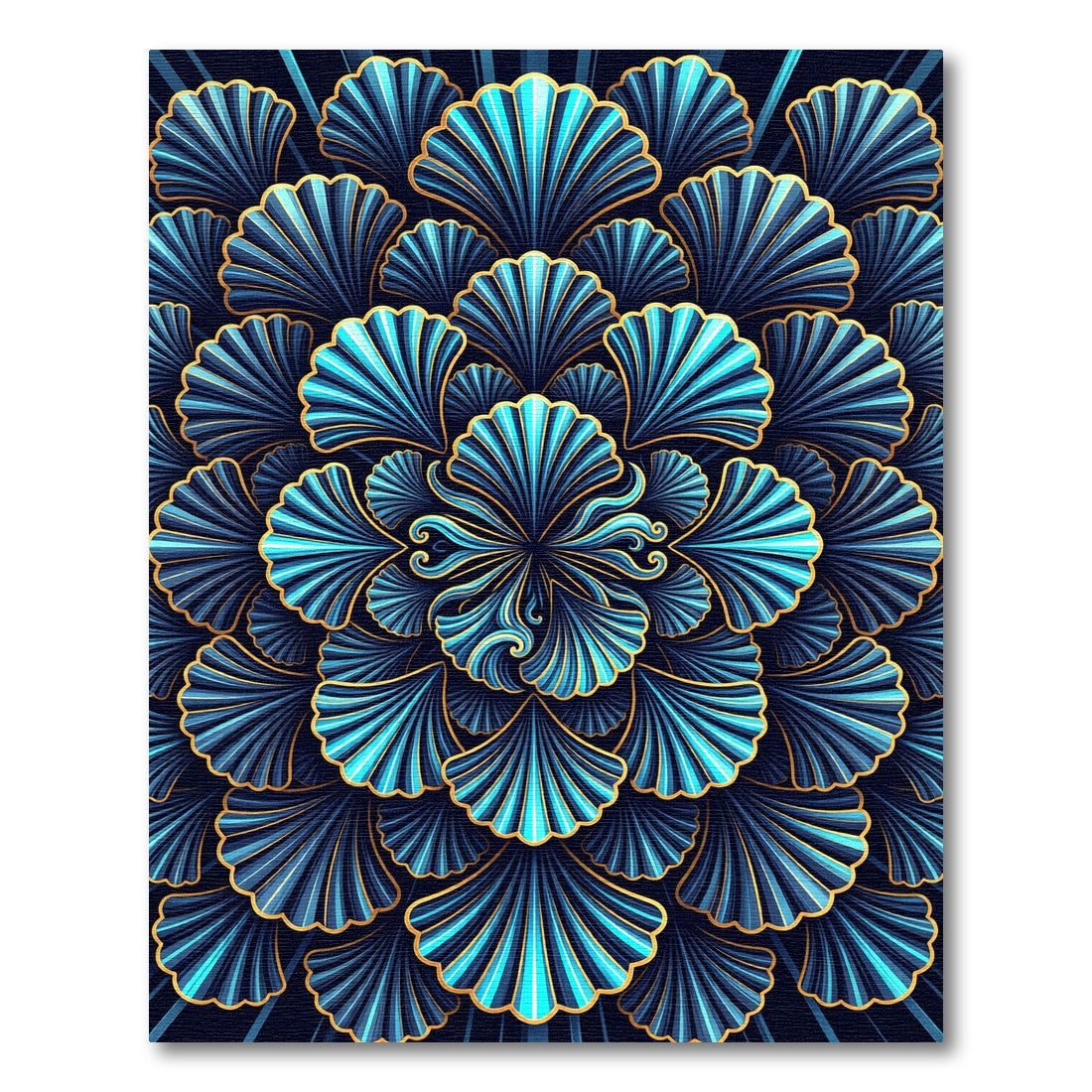 Deep Blue Gold Ginkgo Fan Rug