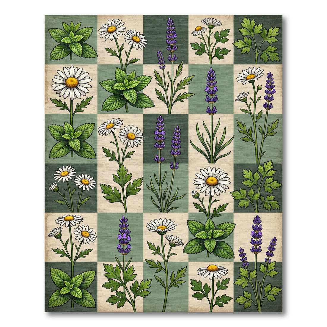 Botanical Garden Floral Herb Checkerboard Rug