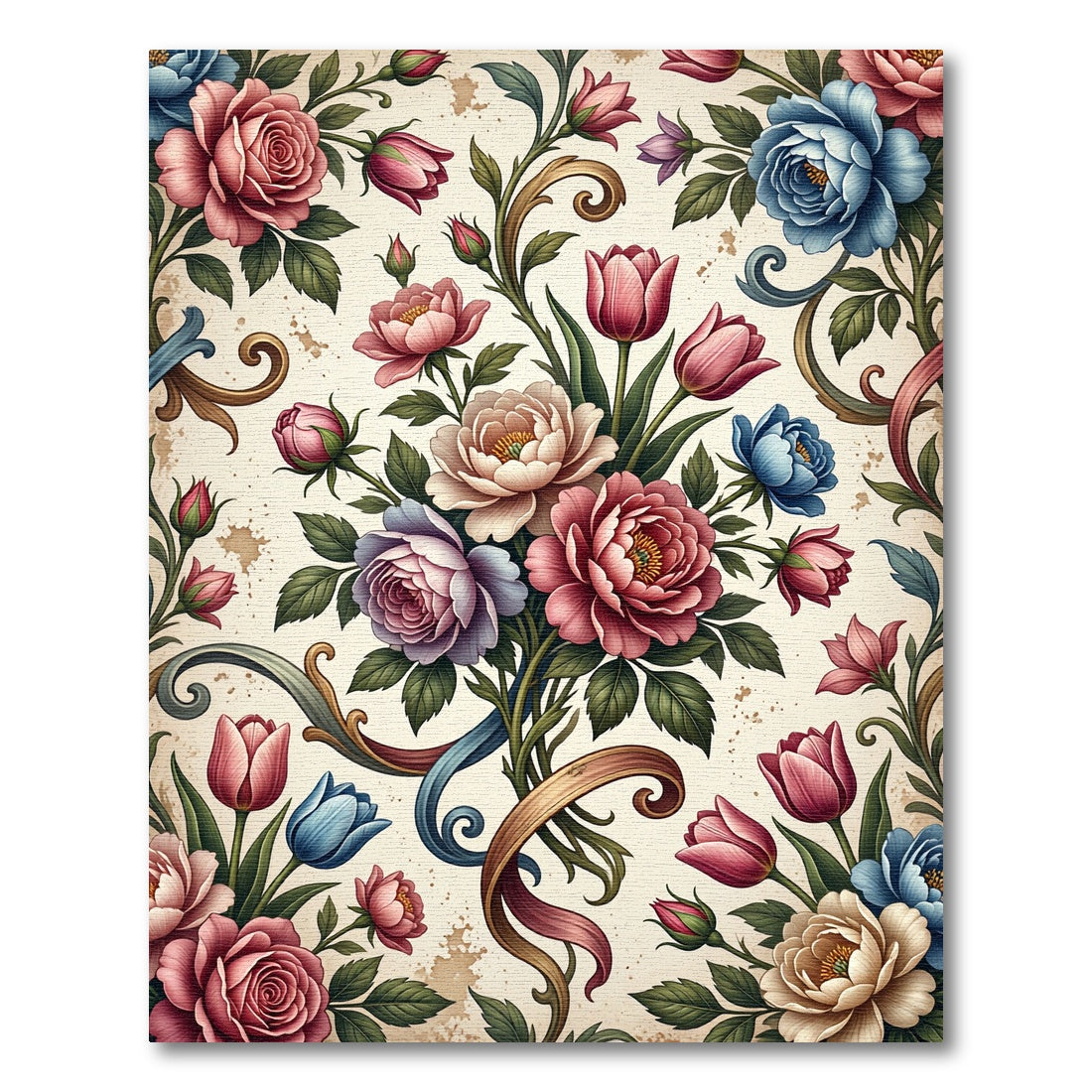 Vintage Elegant Rose Floral Scroll Arrangement Rug