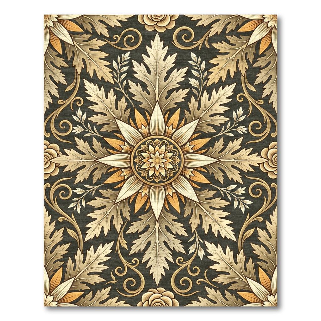 Golden Floral Acanthus Leaf Medallion Rug