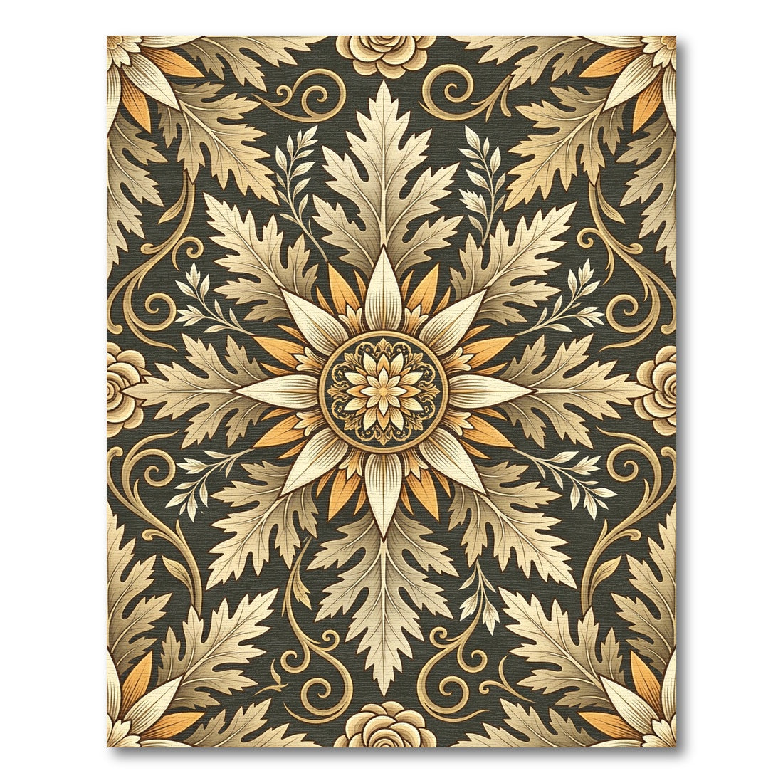 Golden Floral Acanthus Leaf Medallion Rug