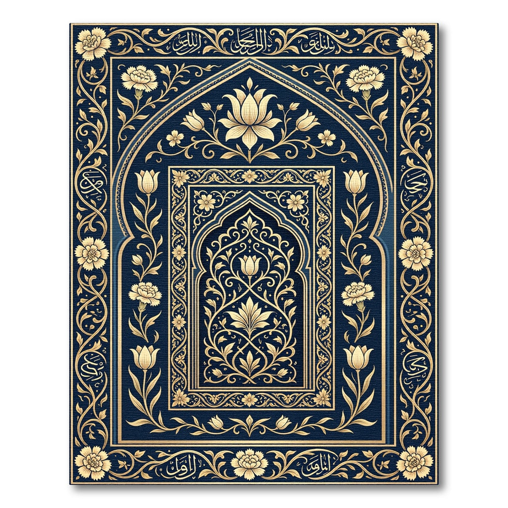 Ornate Gold Floral Midnight Blue Arch Rug
