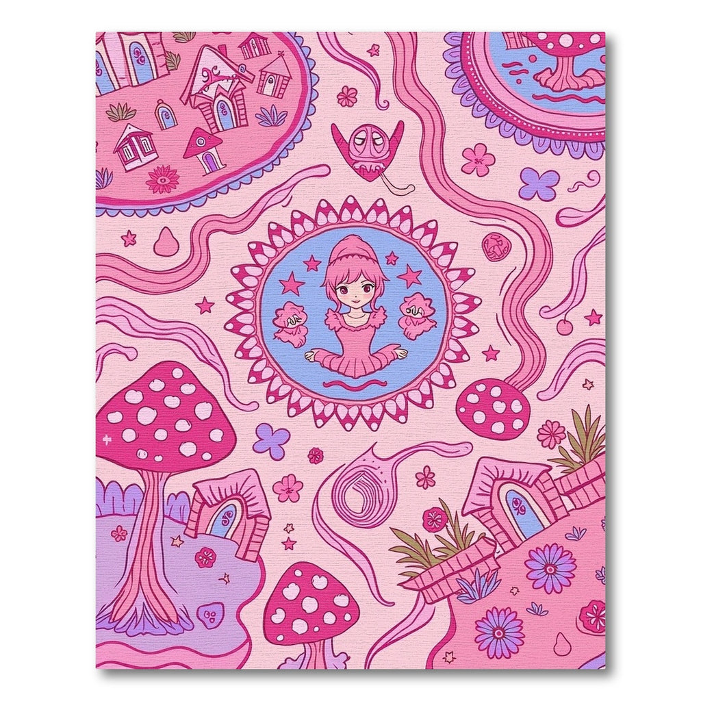 Pink Kawaii Mushroom Fairy Village Rug