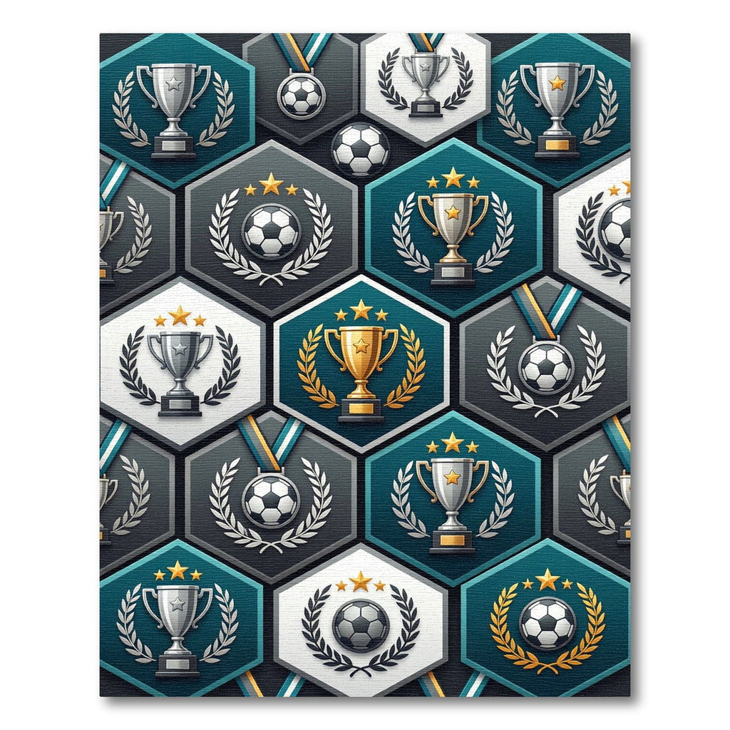 Golden Trophy Soccer Hexagon Teal Art Rug