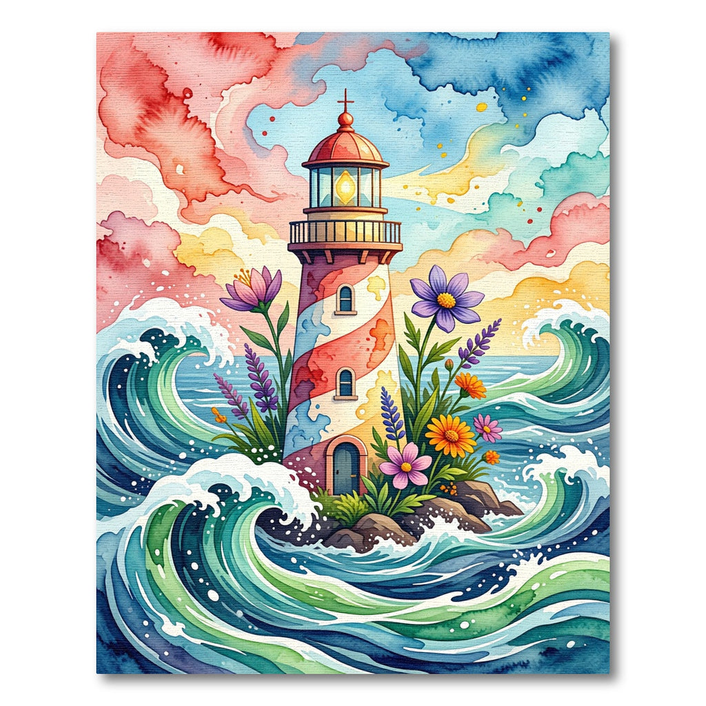 Whimsical Coastal Lighthouse Floral Watercolor Rug