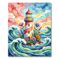 Whimsical Coastal Lighthouse Floral Watercolor Rug
