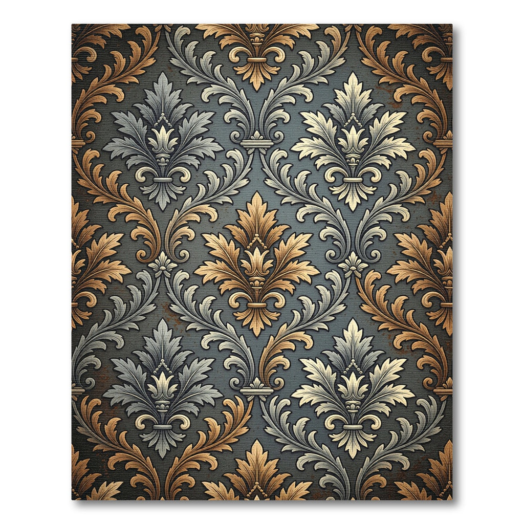Damask Gold and Slate Scrollwork Rug