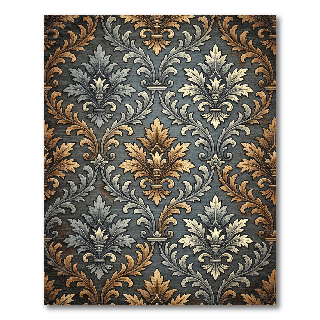 Damask Gold and Slate Scrollwork Rug