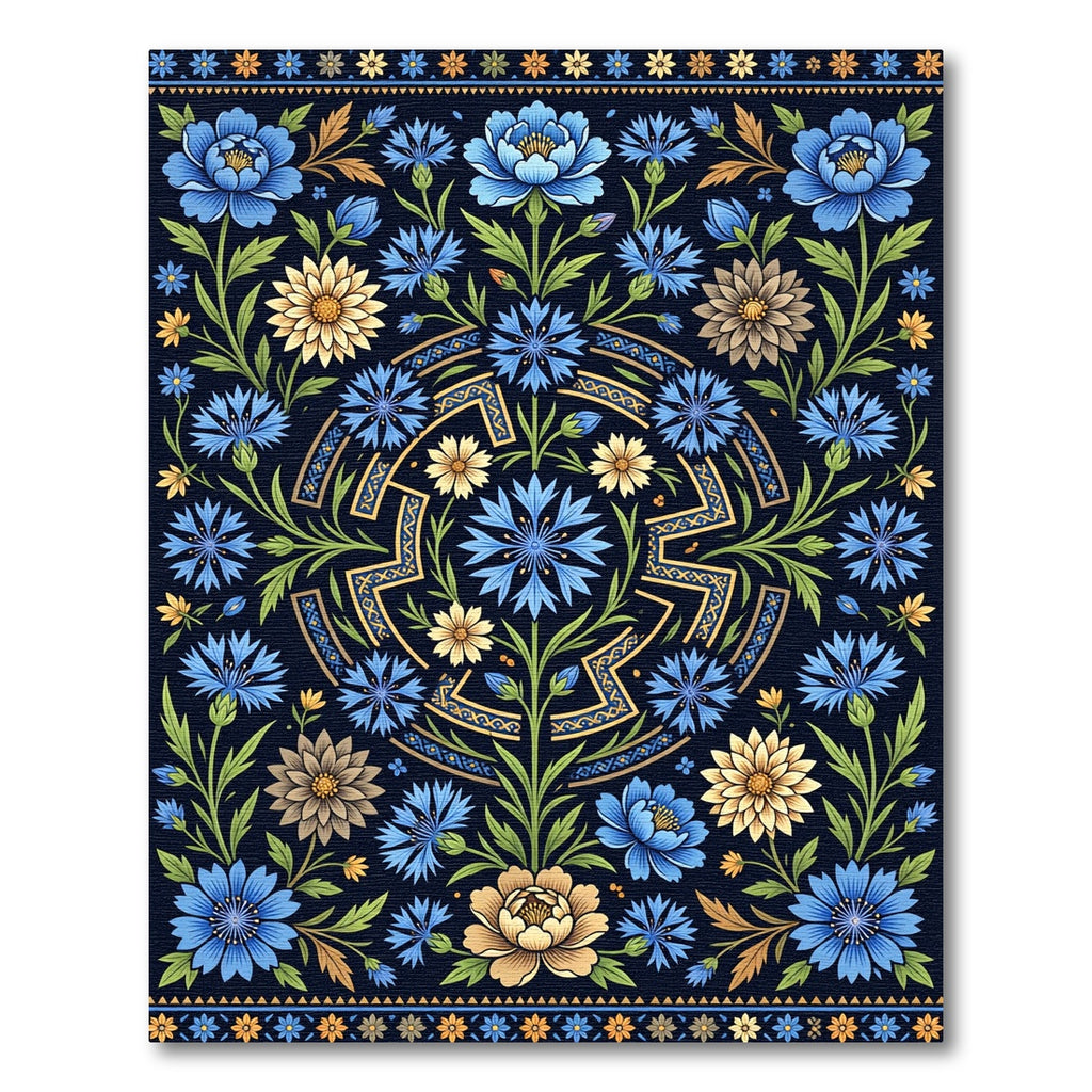 Midnight Blue Botanical Cornflower Medallion Rug