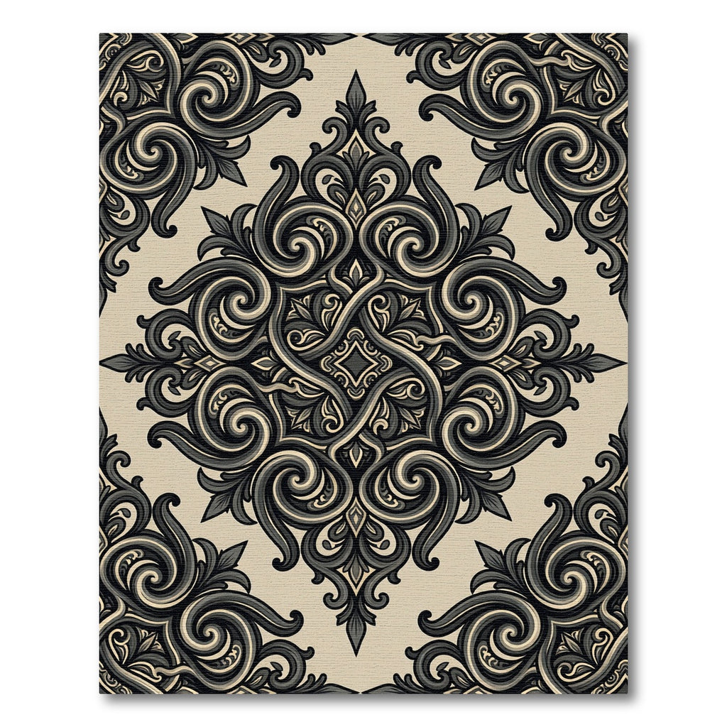 Antique Black Cream Damask Scrollwork Rug