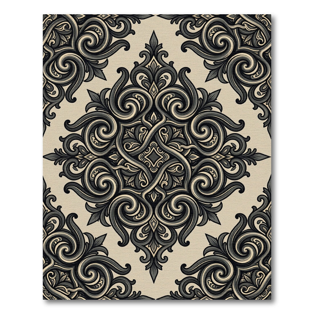 Antique Black Cream Damask Scrollwork Rug