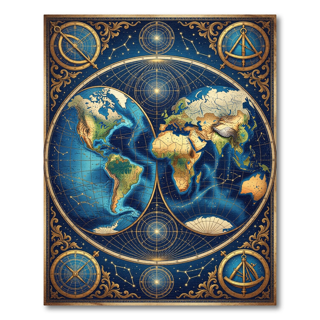 Celestial Globe Vintage Navigation Blue Gold Rug