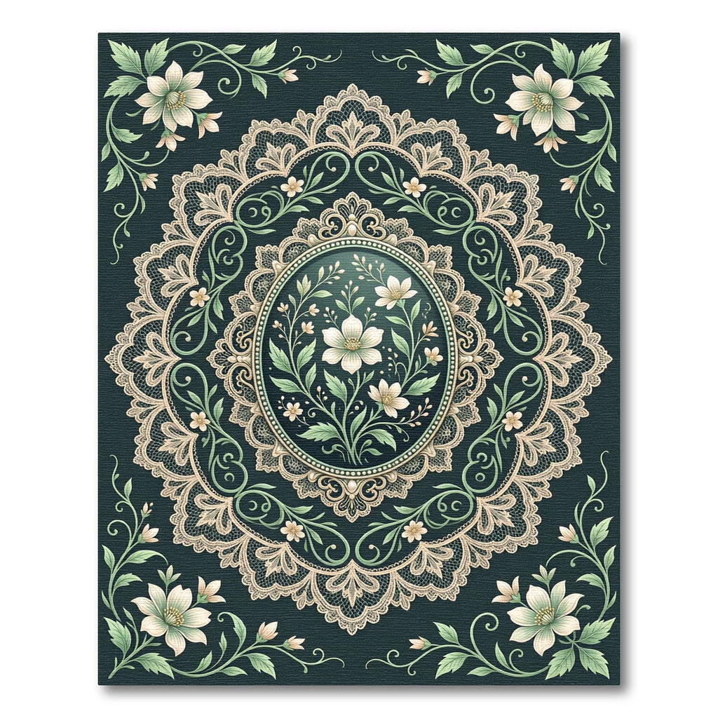 Elegant Sage Floral Lace Medallion Rug