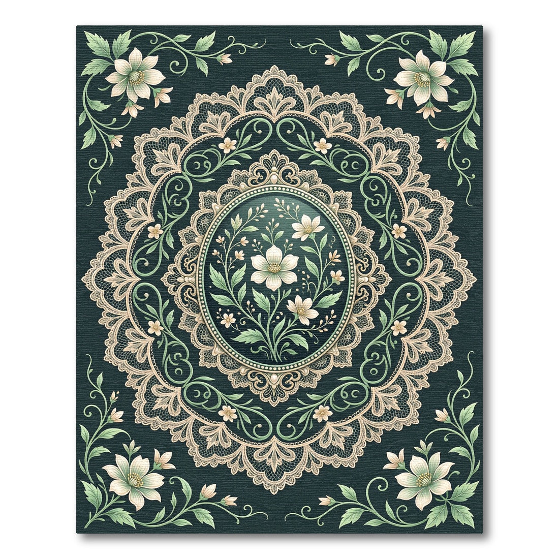 Elegant Sage Floral Lace Medallion Rug