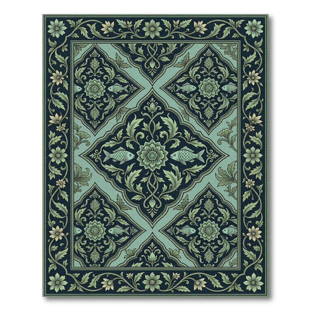 Jade Teal Floral Fish Medallion Rug