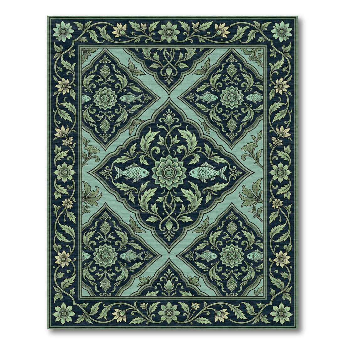 Jade Teal Floral Fish Medallion Rug