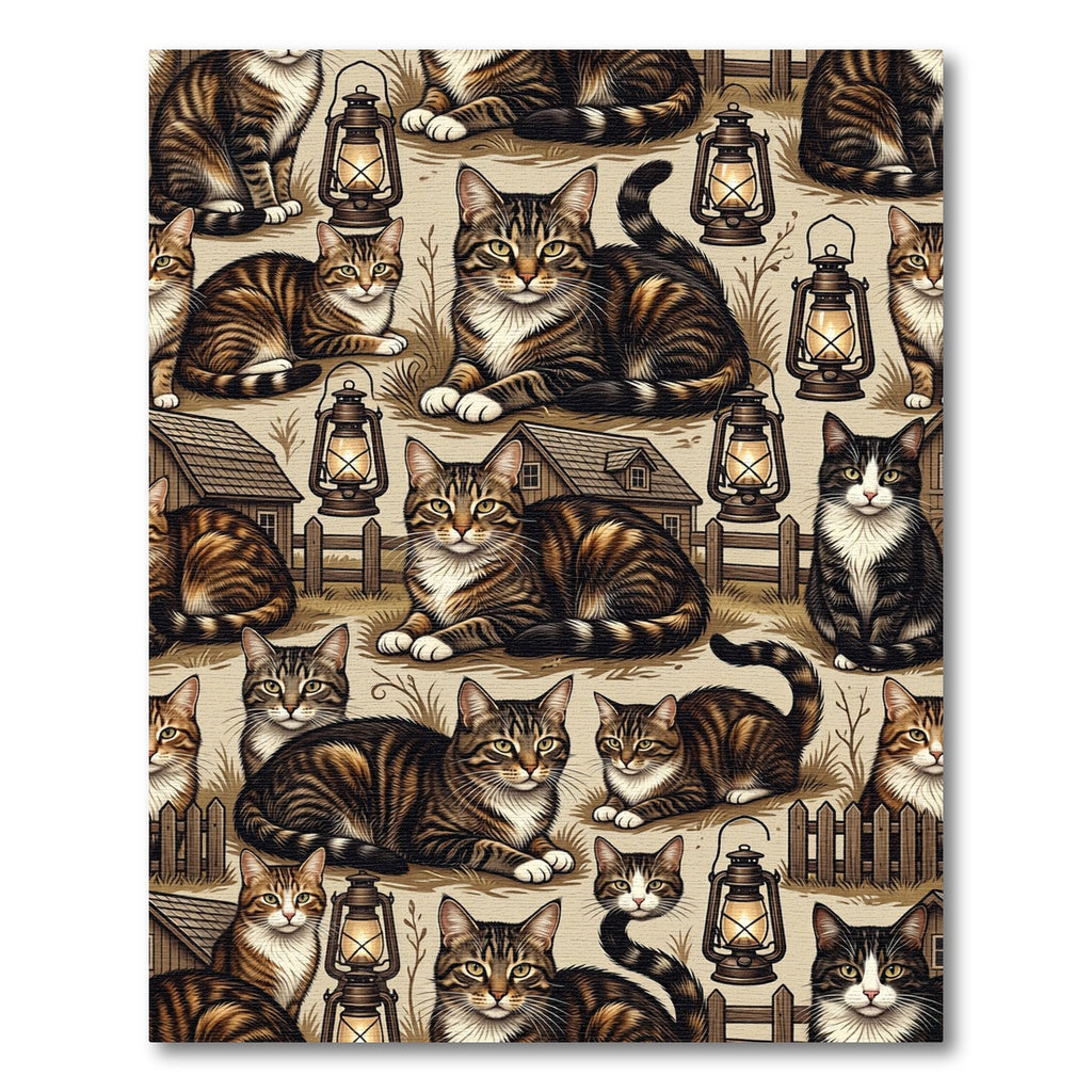 Tabby Cats and Lanterns Barnyard Scene Rug