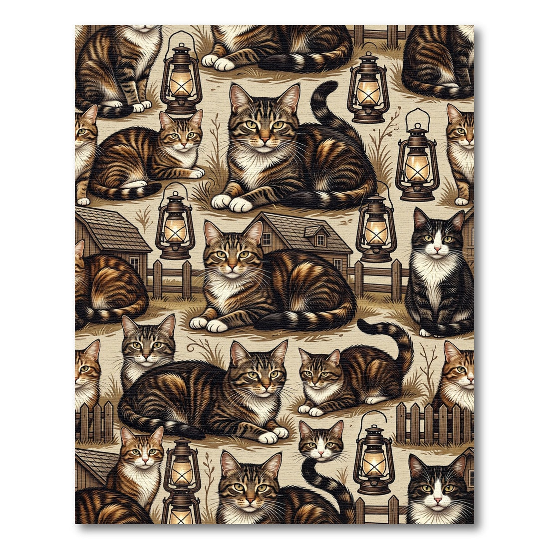 Tabby Cats and Lanterns Barnyard Scene Rug