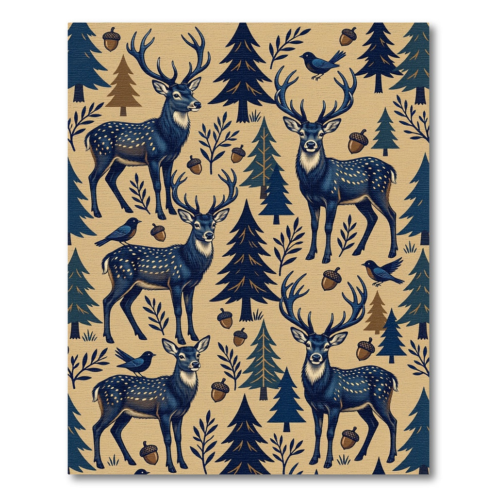 Midnight Forest Deer Acorn Folk Art Rug