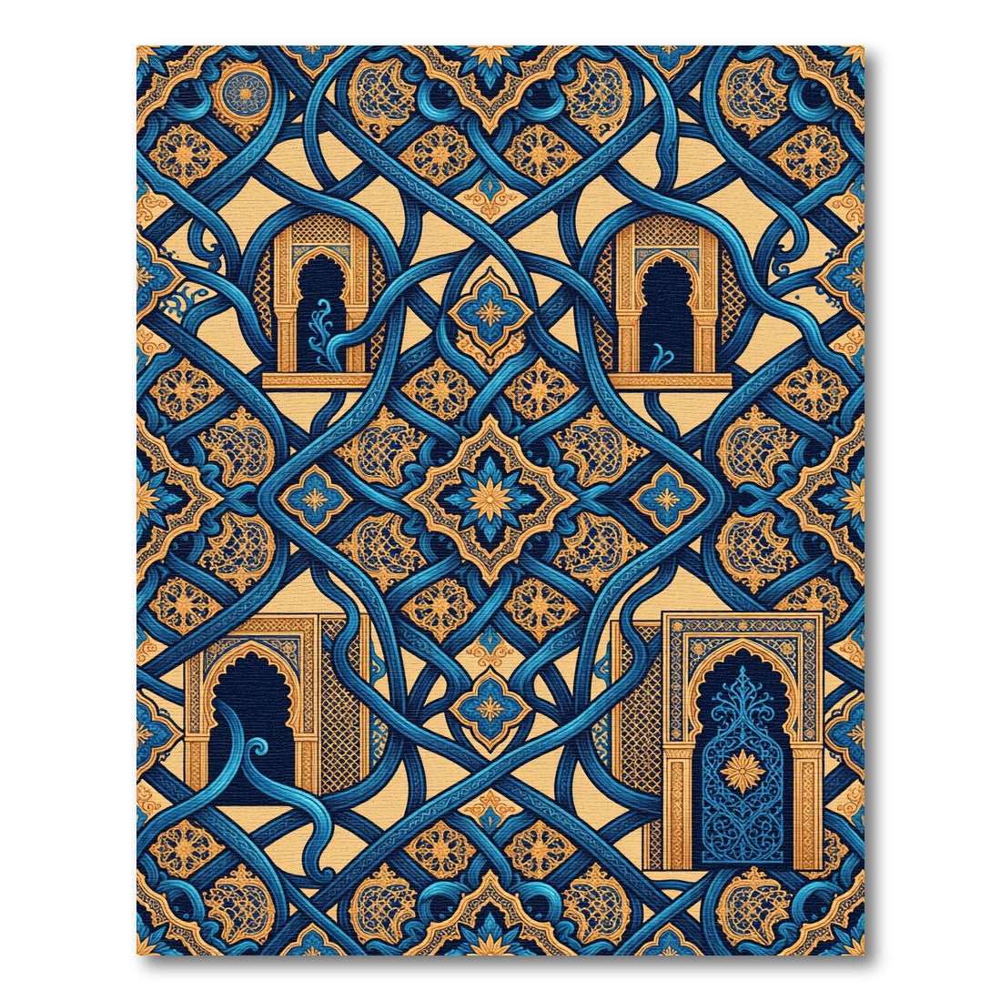 Ornate Blue and Gold Arabesque Arches Rug