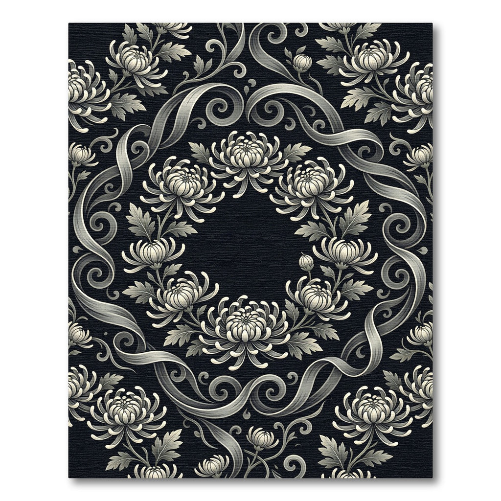 Monochrome Floral Scrollwork Chrysanthemum Rug