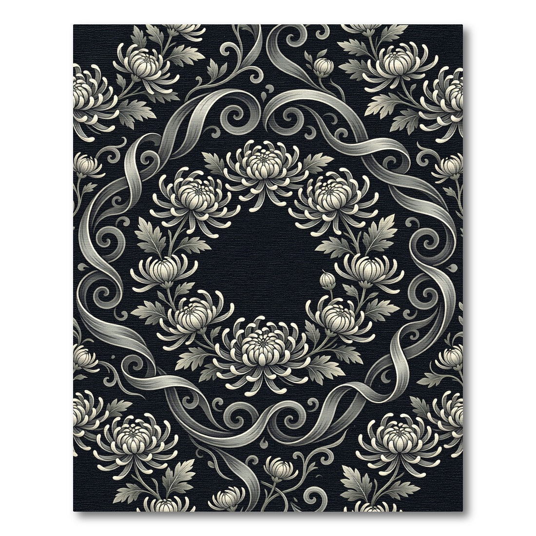 Monochrome Floral Scrollwork Chrysanthemum Rug