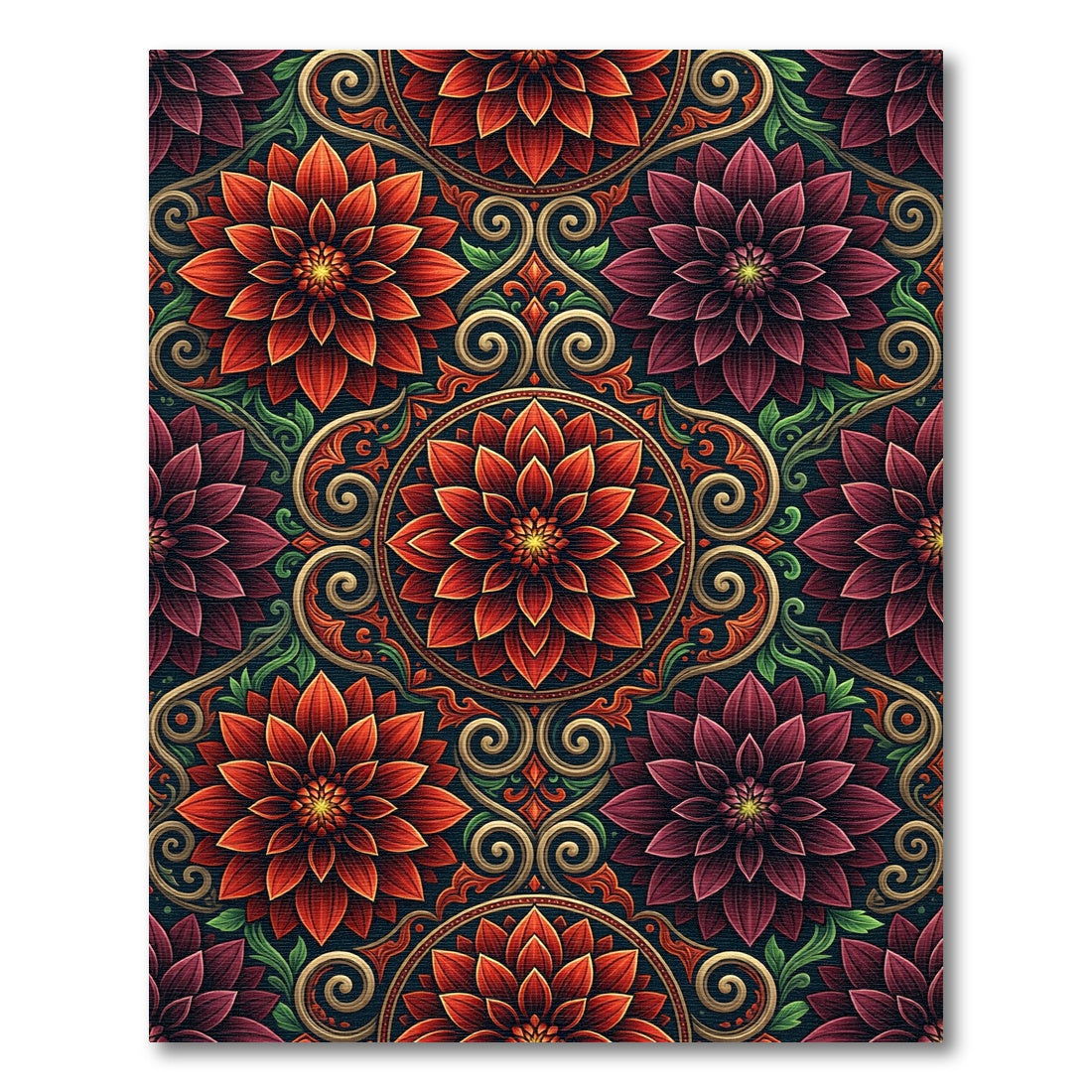 Crimson Burgundy Floral Medallion Arrangement Rug