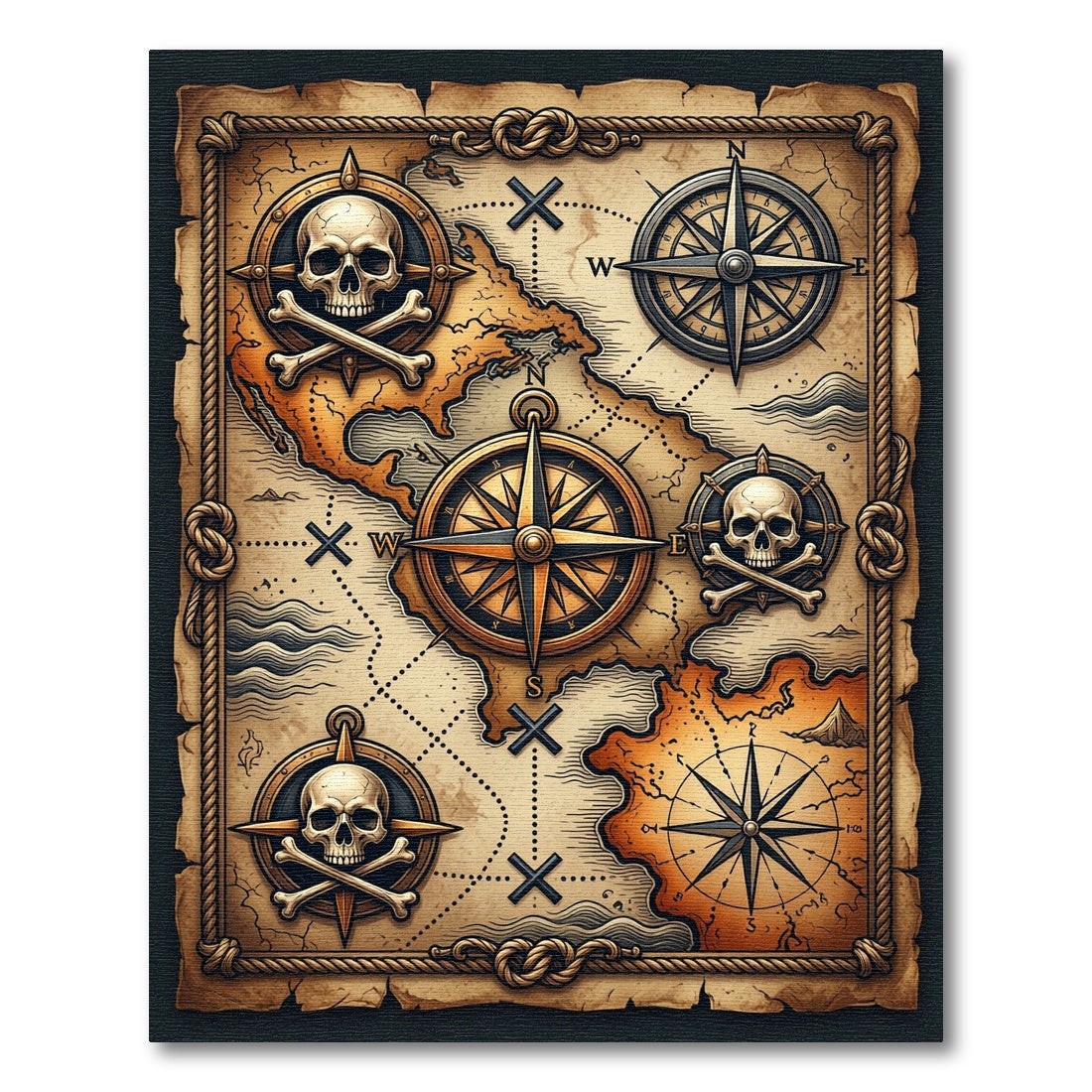 Vintage Nautical Skull Compass Treasure Map Rug
