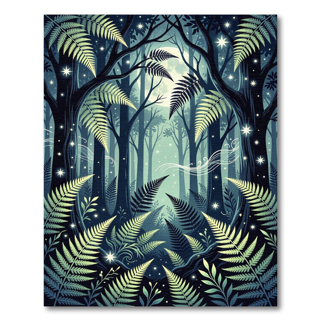 Moonlit Forest Fern and Starry Night Rug