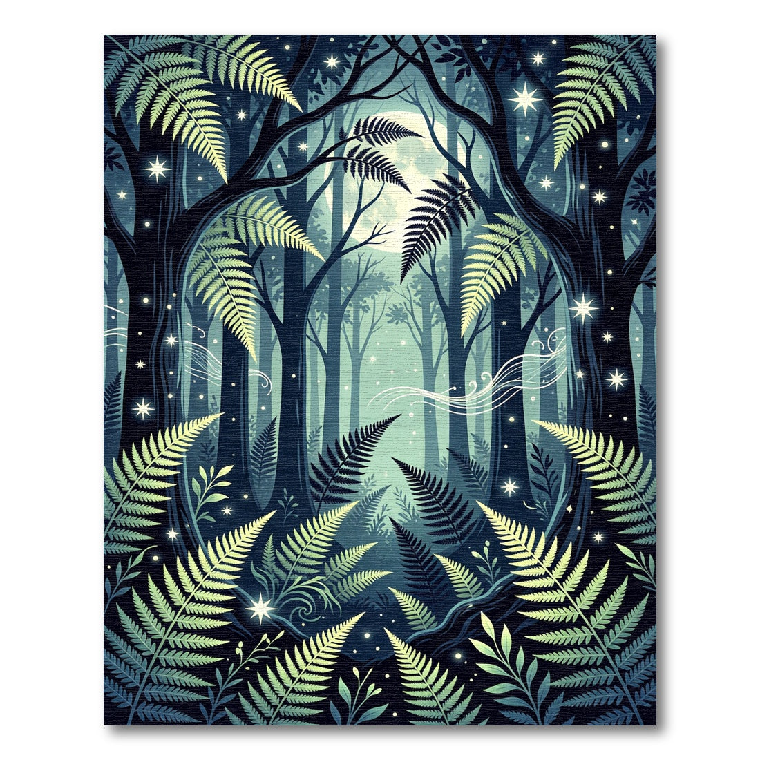 Moonlit Forest Fern and Starry Night Rug