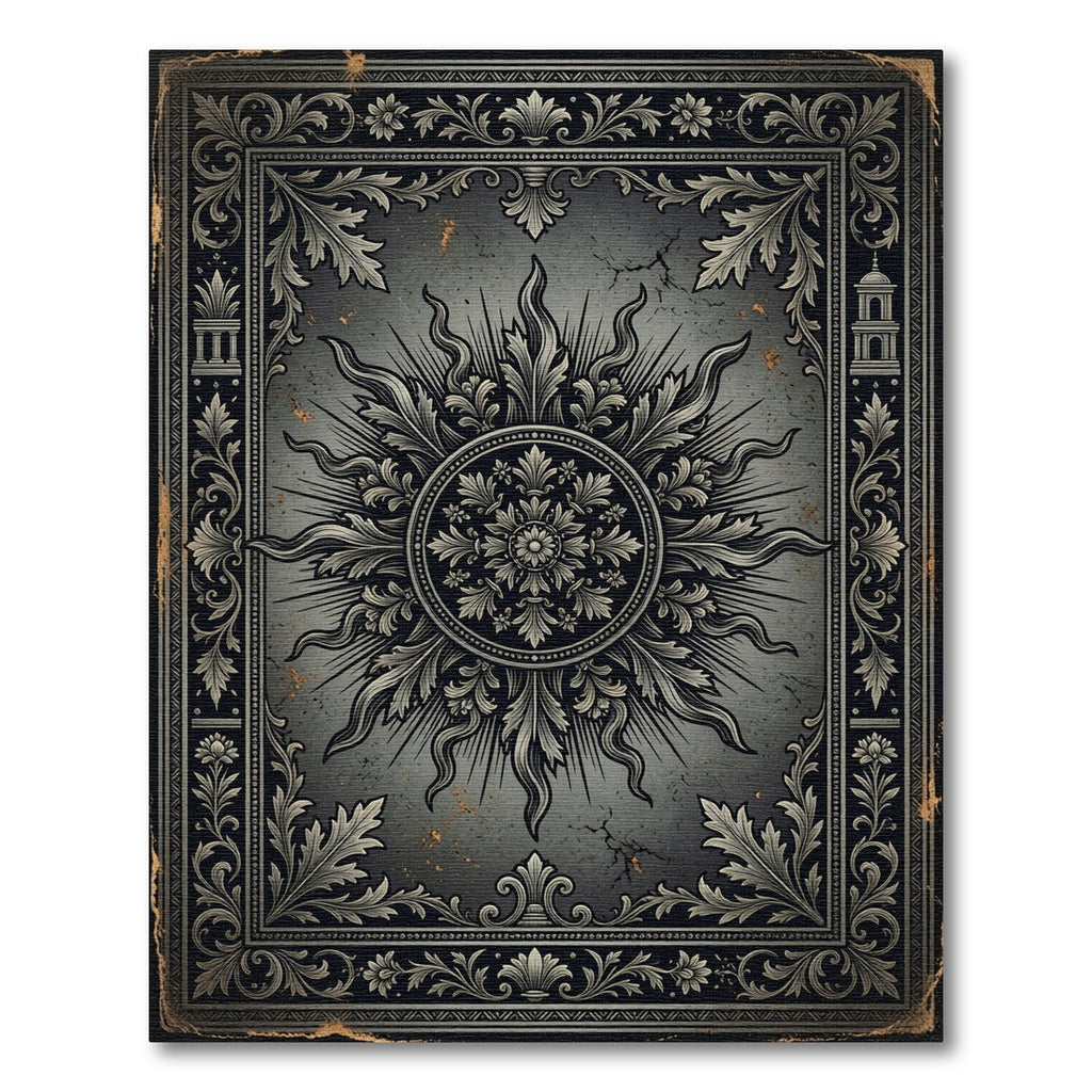 Antique Gray Ornate Sun Medallion Rug