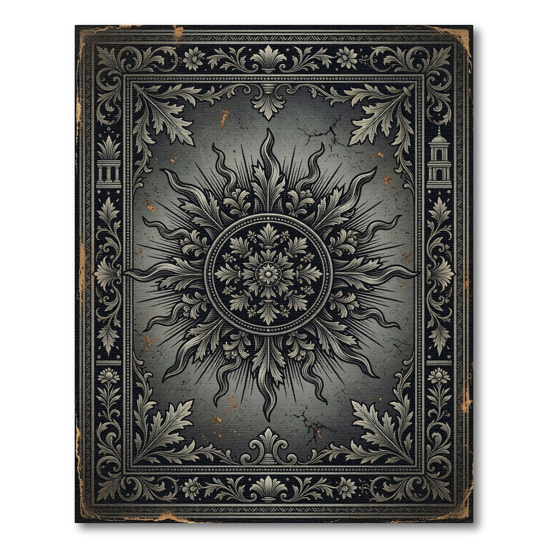 Antique Gray Ornate Sun Medallion Rug