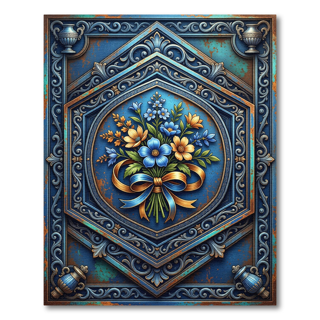 Ornate Blue Floral Hexagon Medallion Rug