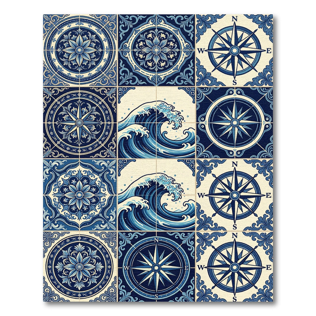 Blue Ocean Wave Compass Medallion Rug