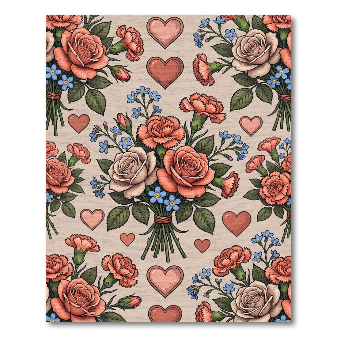 Coral Roses Blue Forget Me Knots Hearts Rug