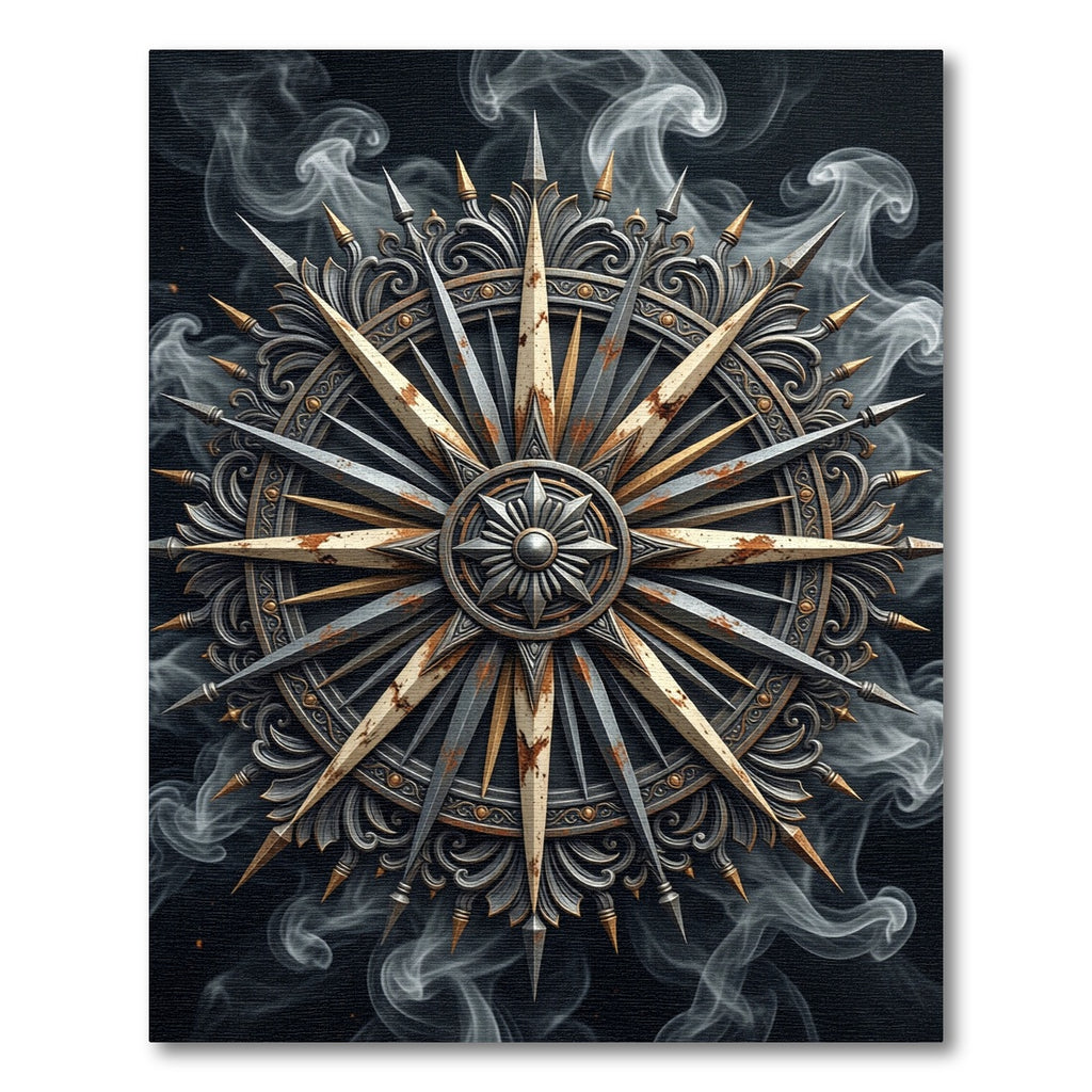 Distressed Silver Gold Compass Rose Medallion Rug
